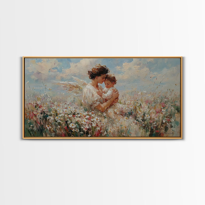 Mother Embracing Child In Daisy Meadow Framed Canvas Print, Impressionist Floral Wall Art, Nursery Decor, Gift For Mom, Home Decor
