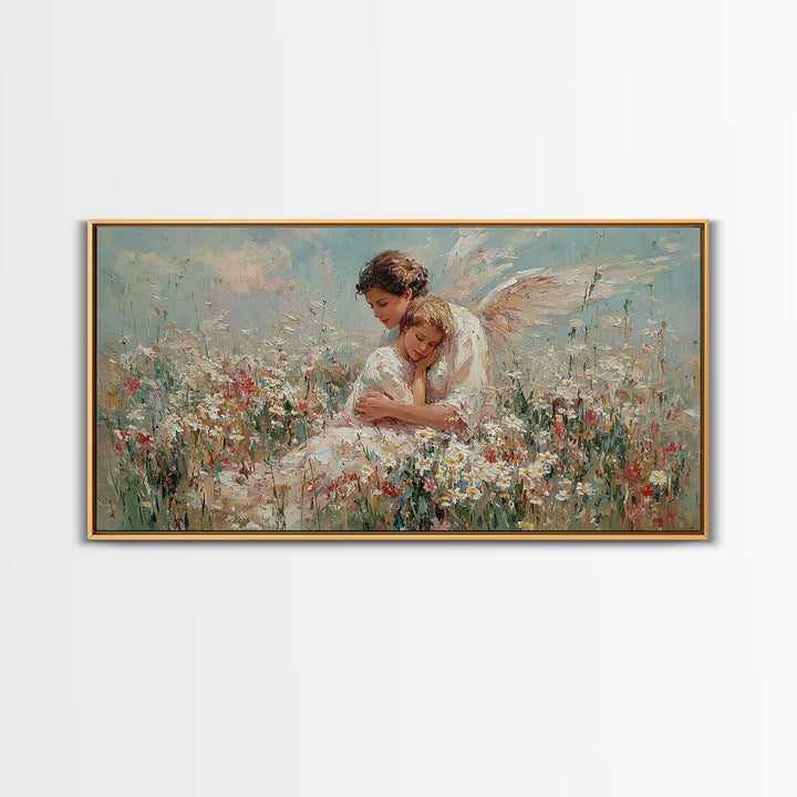 Guardian Angel And Child In Wildflower Meadow Framed Canvas Print, Christian Nursery Wall Art, Motherhood Gift Home Decor