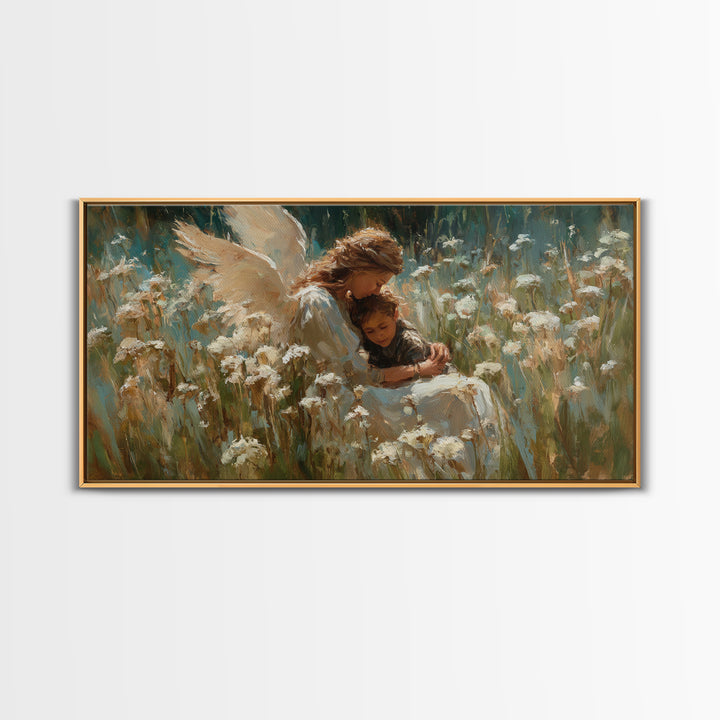 Protective Angel Embracing Child In White Flower Field Framed Canvas Print, Christian Wall Art, Nursery Decor Housewarming Gift