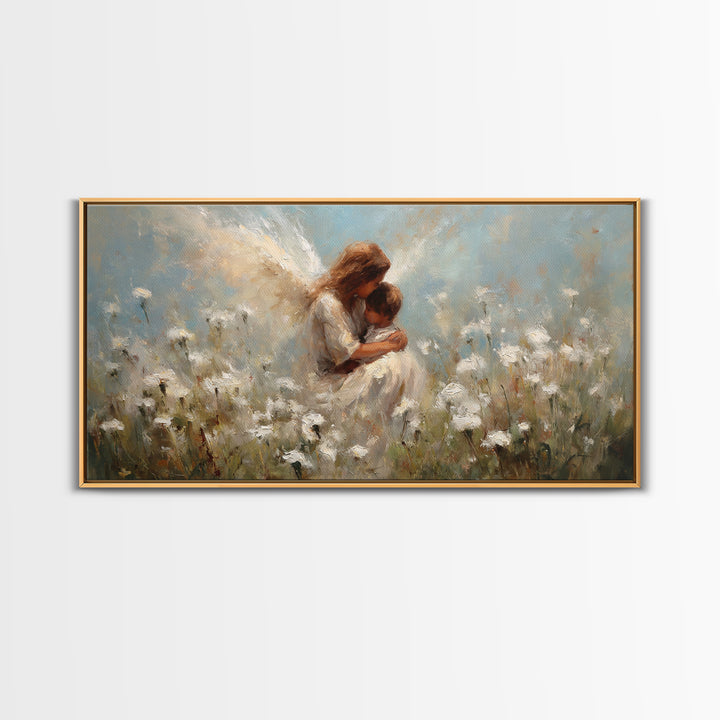 Tender Angel Holding Baby In White Wildflower Meadow Canvas Print, Christian Wall Art, Nursery Home Decor, Motherhood Gift