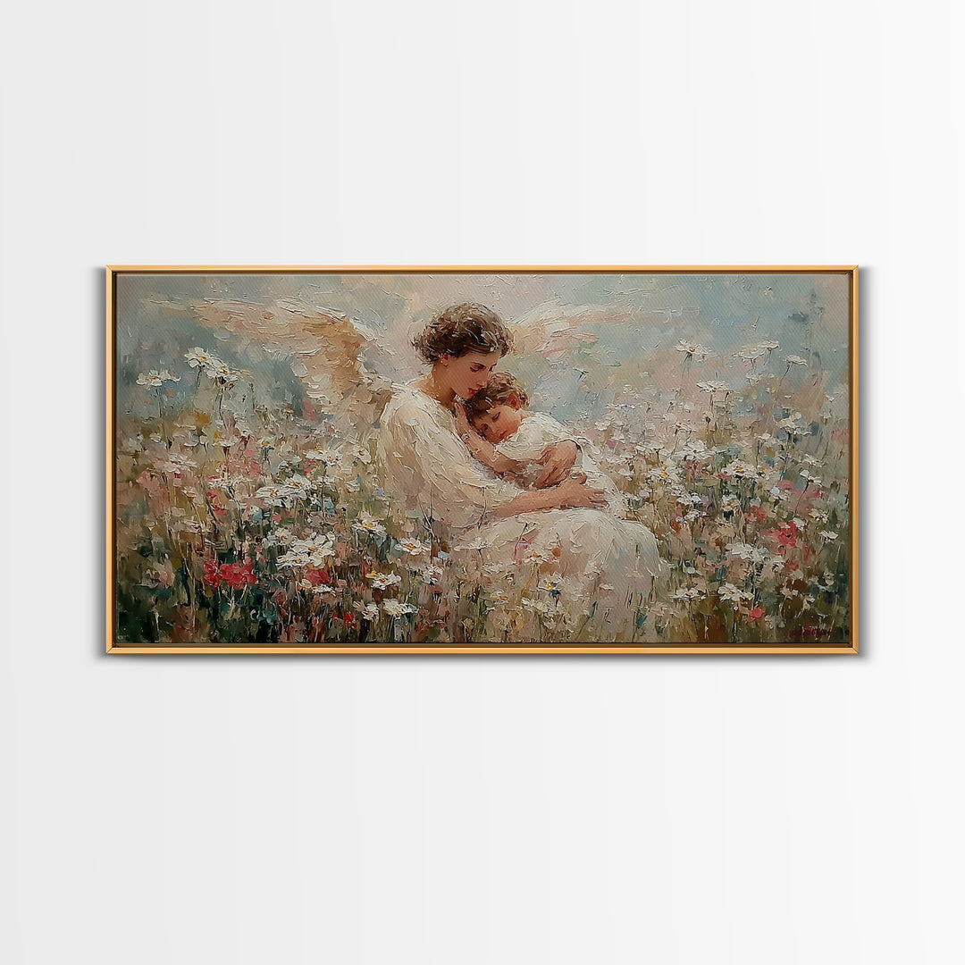Seated Guardian Angel Cradling Sleeping Baby In Floral Meadow Wall Art, Christian Nursery Decor, Motherhood Gift For Her