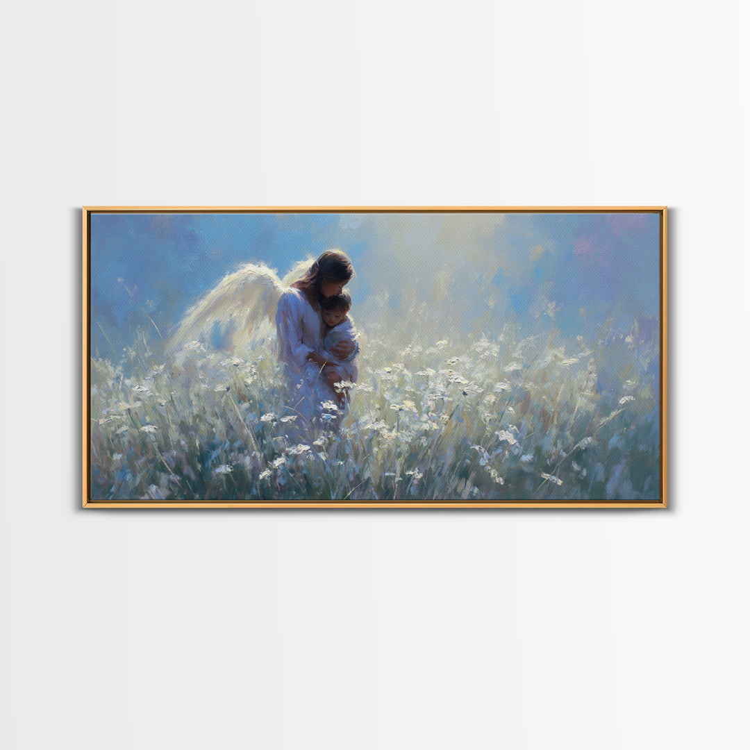 Angel Mother Holding Child In Moonlit White Meadow Framed Canvas Print, Christian Wall Art, Calming Nursery Home Decor Gift