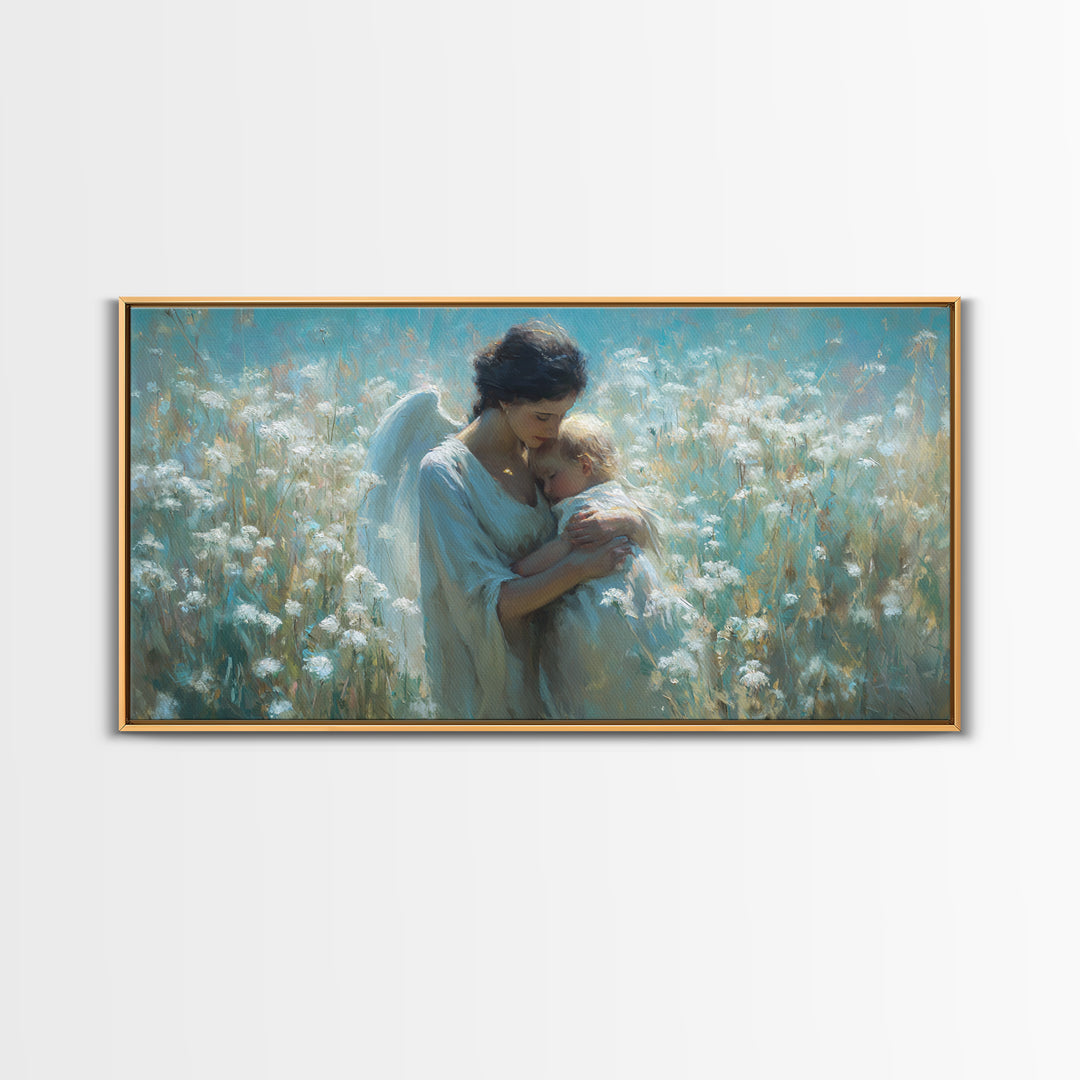 Serene Angel Cradling Blonde Baby In Blue Wildflower Field Framed Canvas Print, Christian Wall Art, Nursery Home Decor Gift