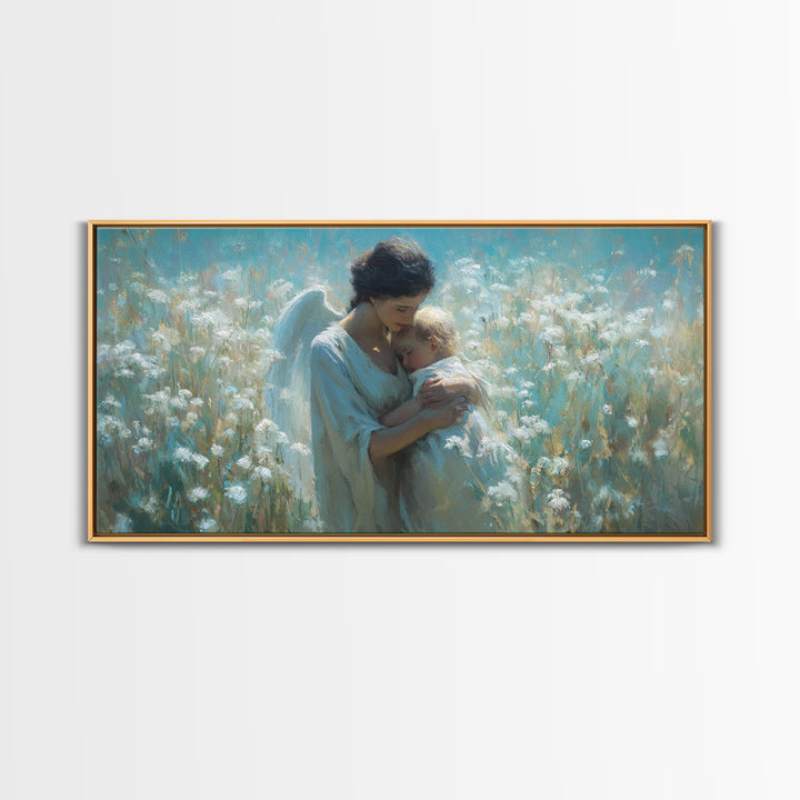 Serene Angel Cradling Blonde Baby In Blue Wildflower Field Framed Canvas Print, Christian Wall Art, Nursery Home Decor Gift