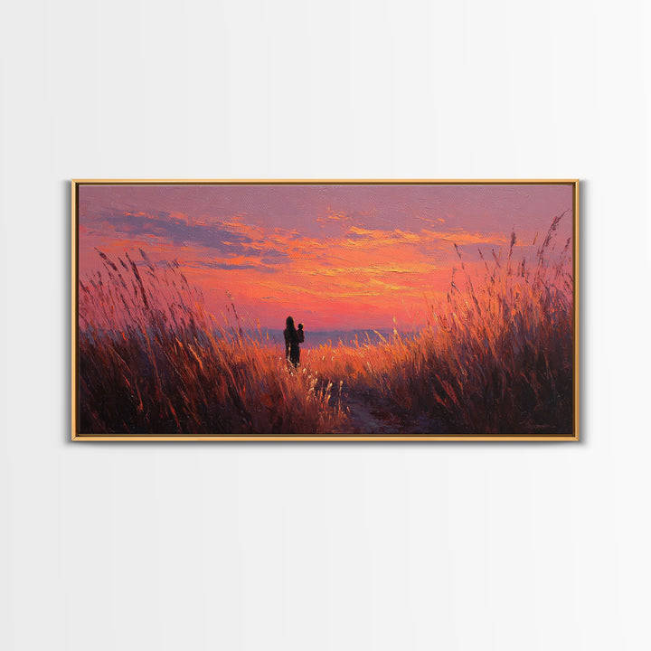Mother And Child Sunset Grasslands Canvas Print, Romantic Landscape Wall Art, Warm Coastal Decor, Nursery, New Home Gift For Her