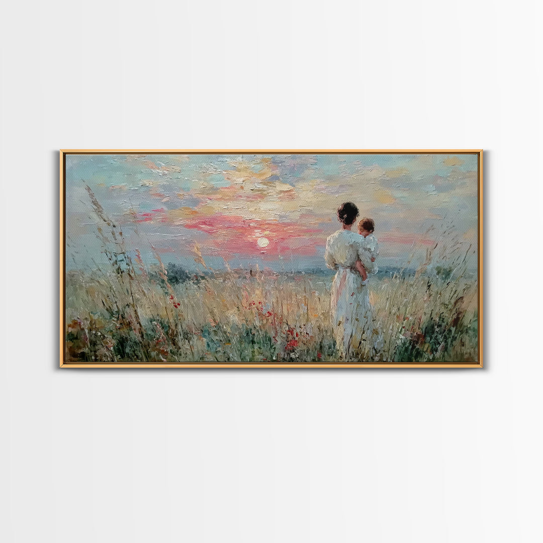 Mother And Child Sunset Seascape Canvas Print, Impressionist Coastal Wall Art, Romantic Bedroom Decor, Nursery Gift For Her