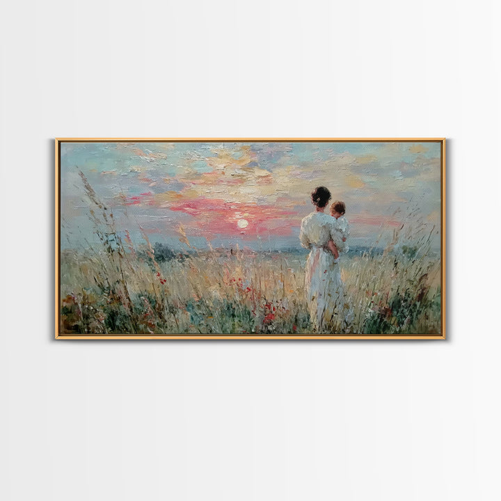 Mother And Child Sunset Seascape Canvas Print, Impressionist Coastal Wall Art, Romantic Bedroom Decor, Nursery Gift For Her
