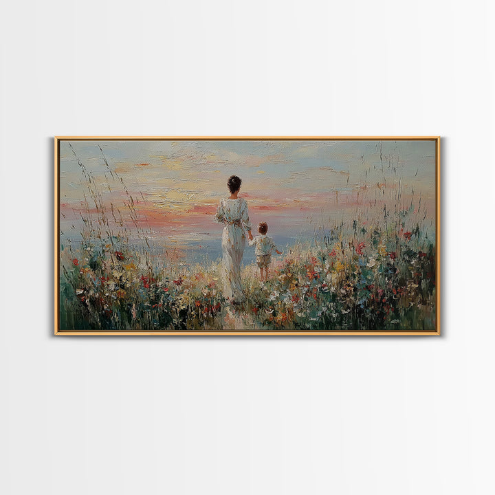 Mother And Child Ocean Meadow Wall Art, Impressionist Wildflower Seascape, Coastal Nursery Decor, Framed Canvas Print, Gift For Her