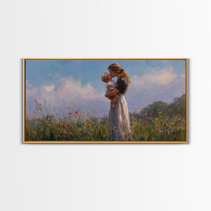Mother Holding Baby In Wildflower Meadow Wall Art, Impressionist Canvas Print, Nursery Decor, Gift For Mom, Bedroom Decor