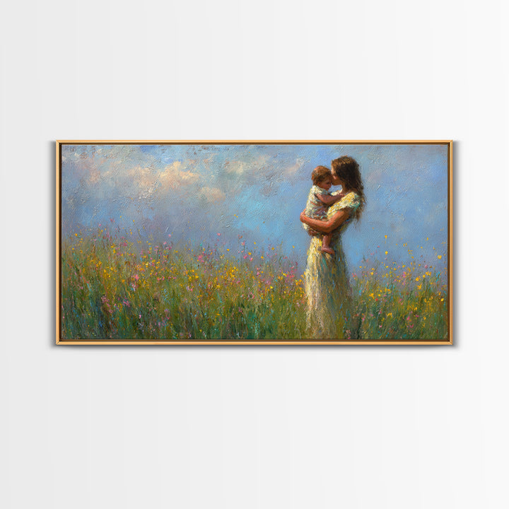 Mother And Child Embraced In Flower Field Wall Art, Impressionist Canvas Print, Floral Nursery Decor, Housewarming Gift, Gift For Mom