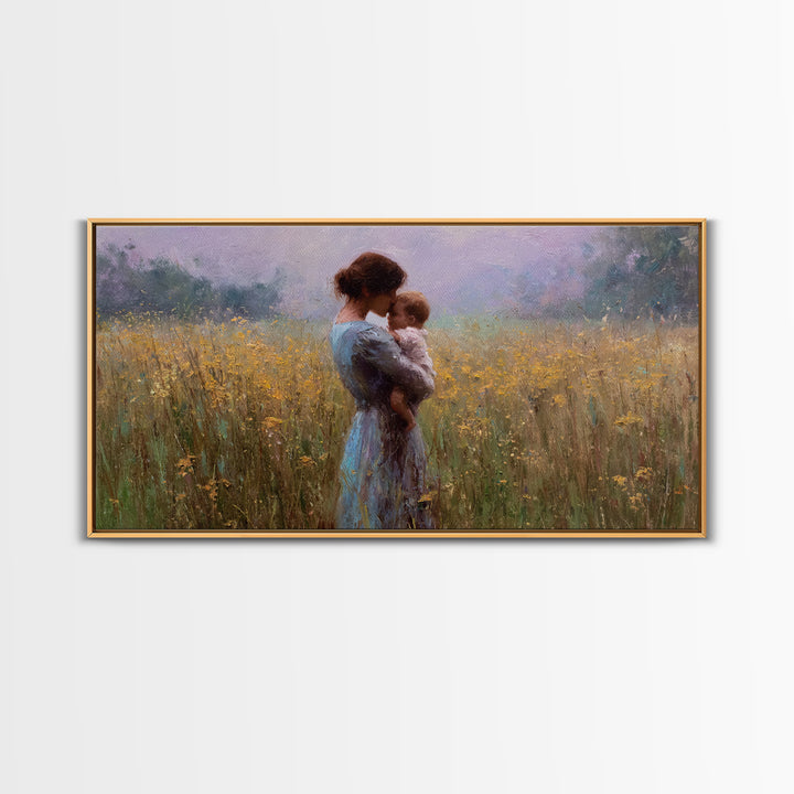 Mother Cuddling Baby In Golden Meadow Wall Art, Impressionist Canvas Print, Neutral Nursery Decor, Gift For Her, Living Room Decor