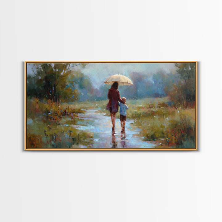Mother And Child Walking In Rain With Umbrella Wall Art, Impressionist Canvas Print, Cozy Nursery Decor, Housewarming Gift