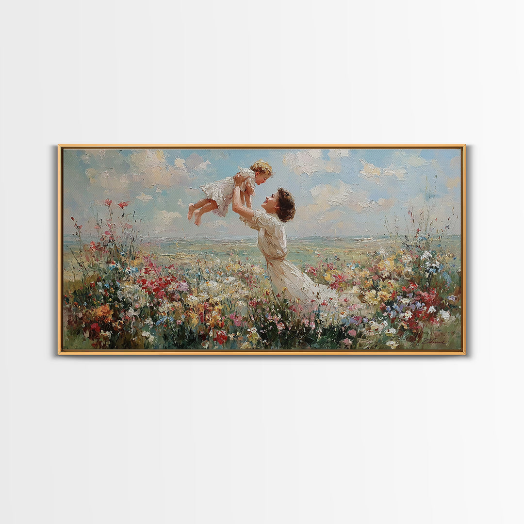 Mother Lifting Baby By Coastal Wildflower Meadow Wall Art, Impressionist Framed Canvas Print, Beach House Decor, Gift For Mom