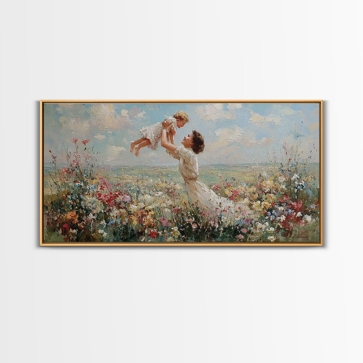 Mother Lifting Baby By Coastal Wildflower Meadow Wall Art, Impressionist Framed Canvas Print, Beach House Decor, Gift For Mom