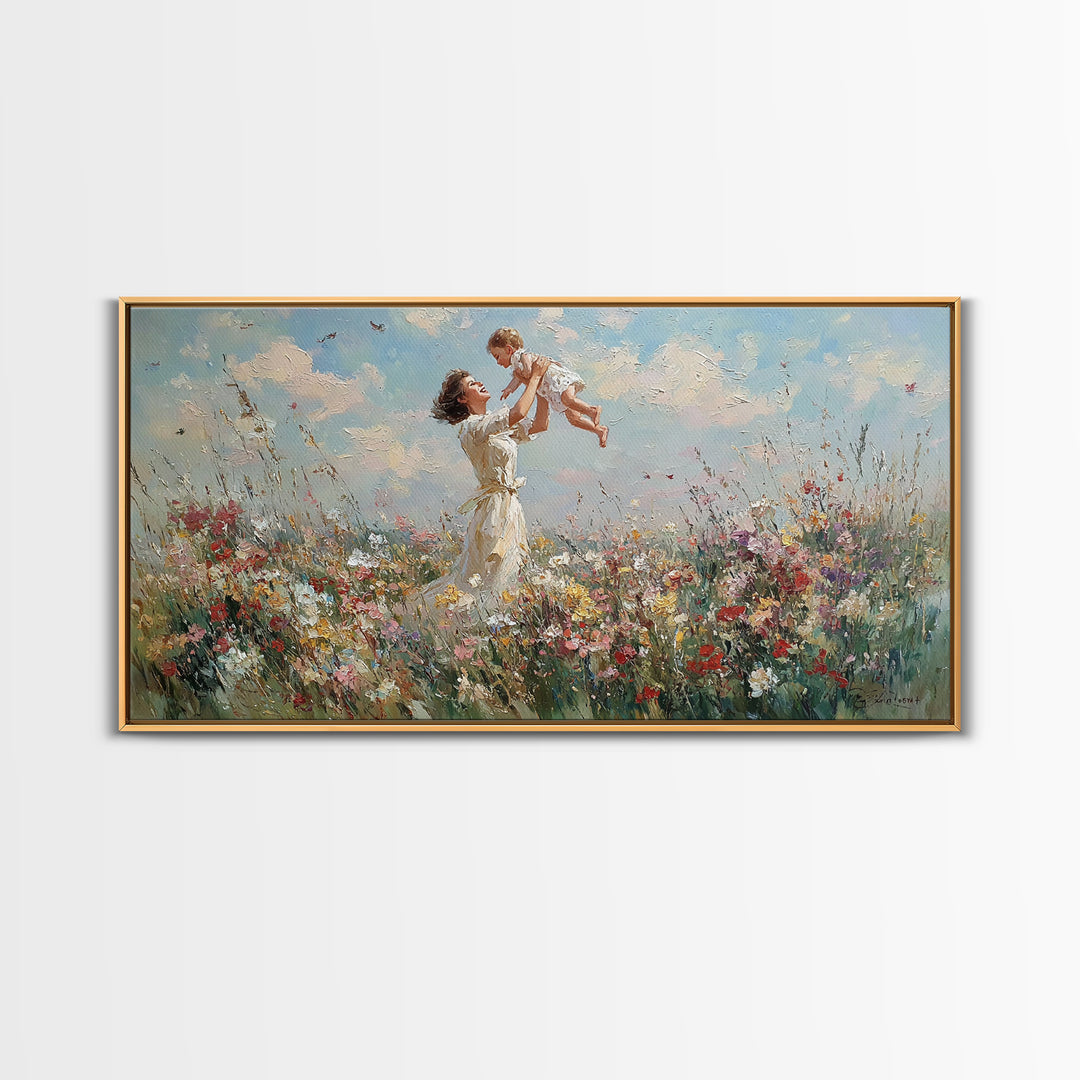 Mother Lifting Baby In Wildflower Meadow Wall Art, Impressionist Canvas Print, Floral Nursery Decor, Gift For Mom, Home Decor