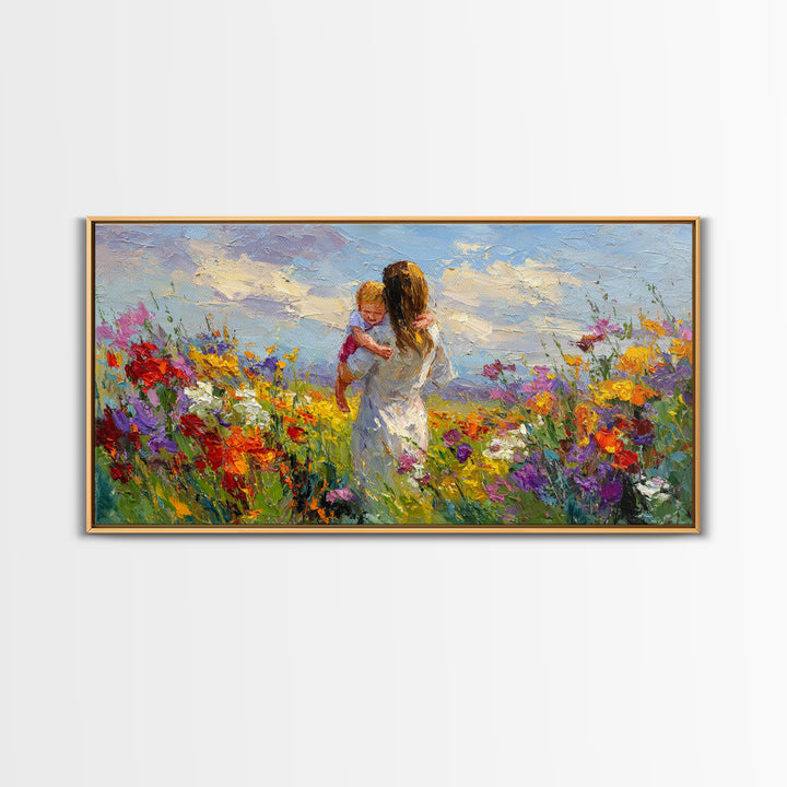 Woman Holding Baby In Vibrant Wildflower Meadow Framed Canvas Print, Mothers Day Gift, Floral Wall Art, Nursery Decor, Living Room Decor