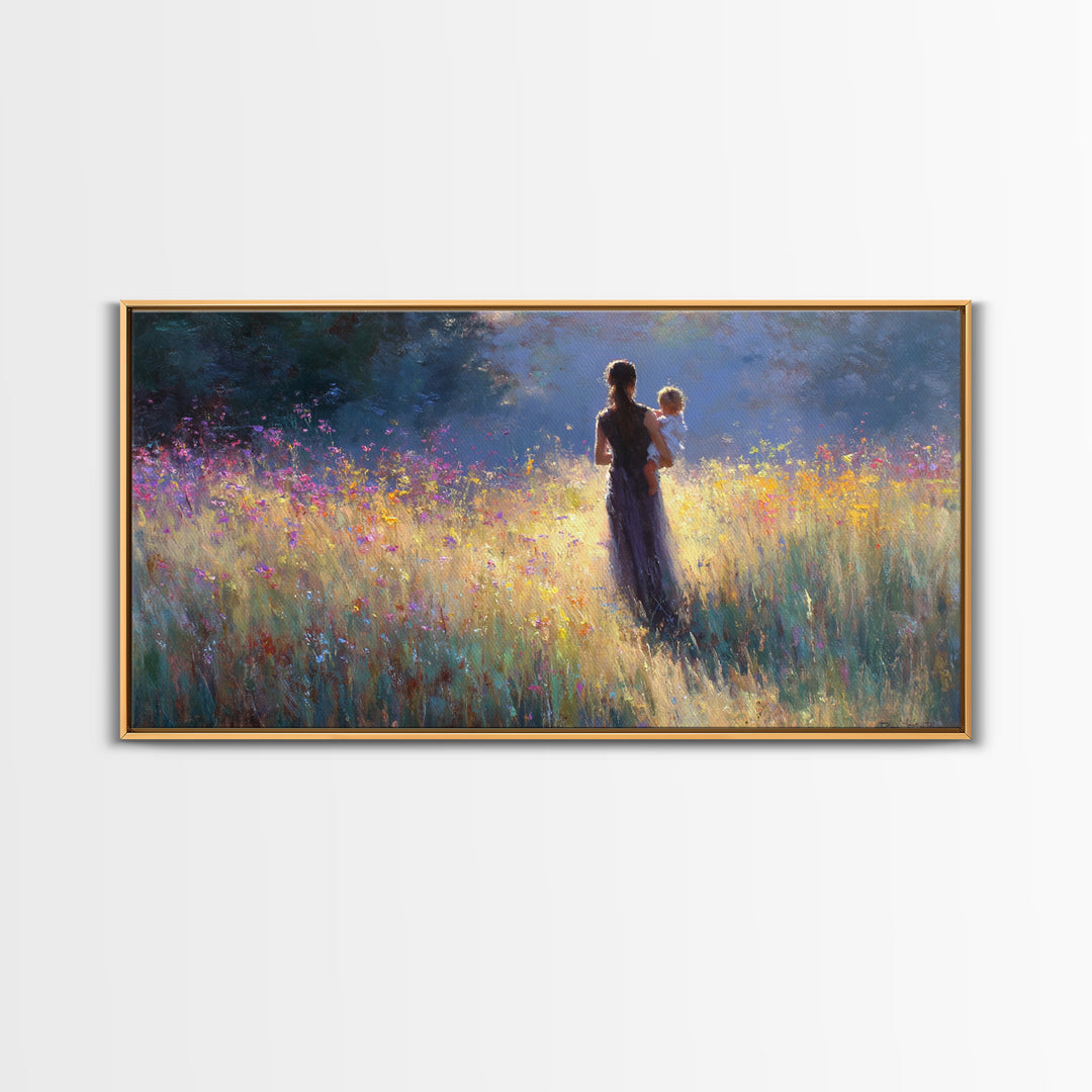 Backlit Mother Holding Baby In Glowing Wildflower Meadow Canvas Print, Moody Wall Art, Floral Wall Decor, Gift For Her, Large Wall Art