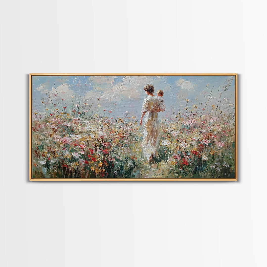 Mother And Baby Amid White Daisies And Red Poppies Framed Canvas Print, Floral Wall Art, Nursery Decor, Gift For Her, Living Room Decor