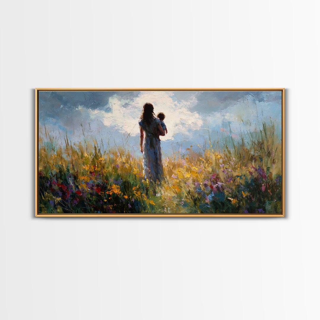 Mother And Baby In Windswept Summer Wildflower Field Canvas Print, Floral Wall Art, Gift For Her, Calming Bedroom Decor, Nursery Wall Art
