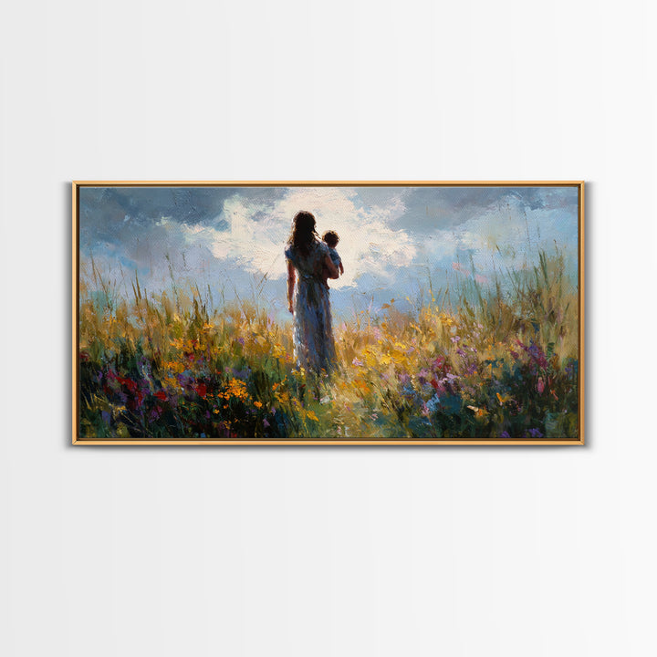 Mother And Baby In Windswept Summer Wildflower Field Canvas Print, Floral Wall Art, Gift For Her, Calming Bedroom Decor, Nursery Wall Art
