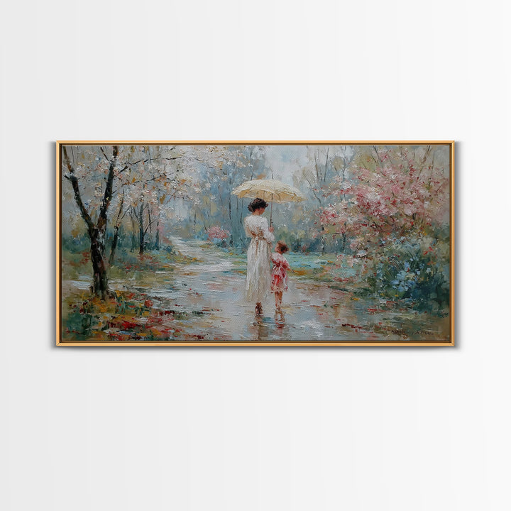 Mother And Child Walking Under Umbrella In Rainy Spring Garden Wall Art, Impressionist Painting, Gift For Her, Nursery Decor