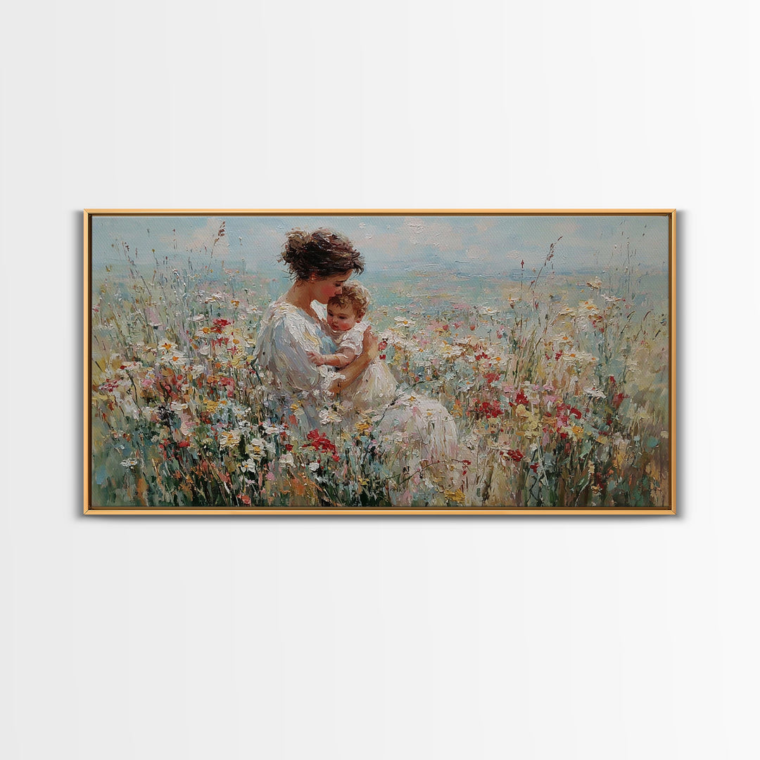 Mother Holding Smiling Baby Among Wildflowers By Sea Canvas Print, Coastal Wall Art, Mothers Day Gift, Living Room Decor