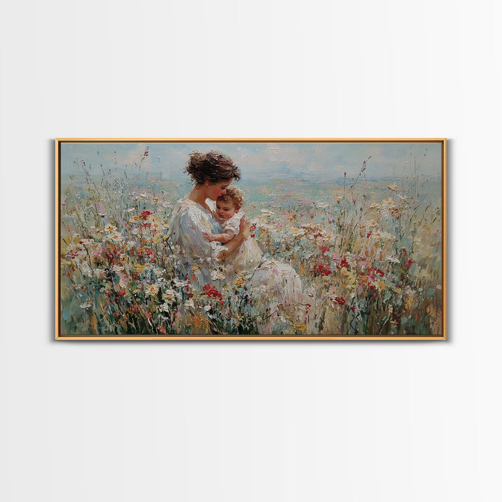 Mother Holding Smiling Baby Among Wildflowers By Sea Canvas Print, Coastal Wall Art, Mothers Day Gift, Living Room Decor