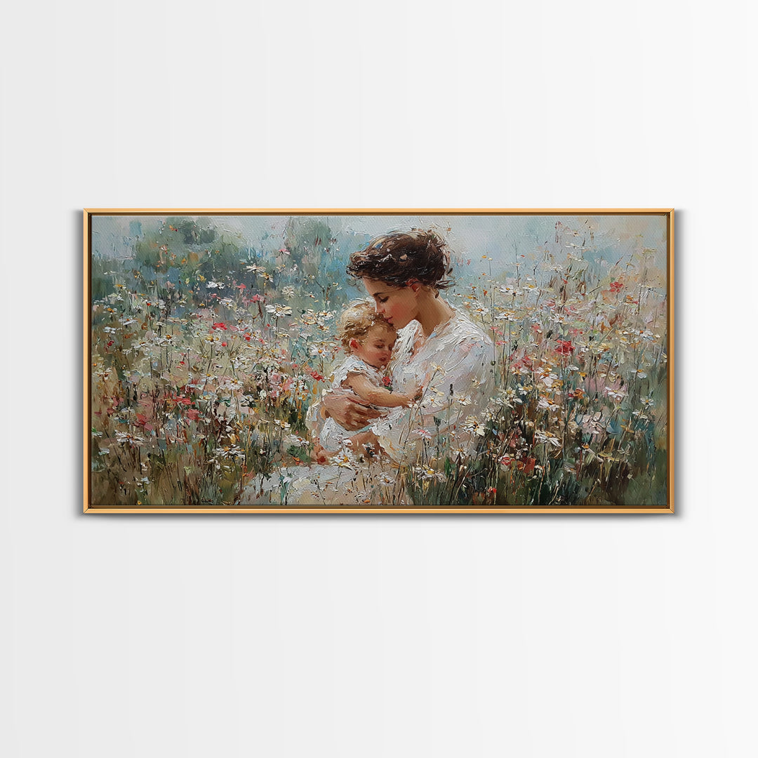 Mother Embracing Child In White Wildflower Meadow Framed Canvas Print, Impressionist Floral Wall Art, Nursery Decor Gift