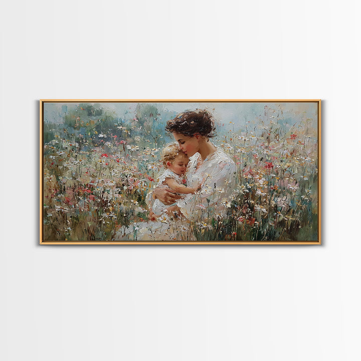 Mother Embracing Child In White Wildflower Meadow Framed Canvas Print, Impressionist Floral Wall Art, Nursery Decor Gift