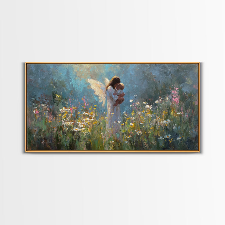 Guardian Angel Holding Baby Canvas Print, Wildflower Meadow Oil Painting, Spiritual Wall Decor, Nursery Art, Gift For Mom