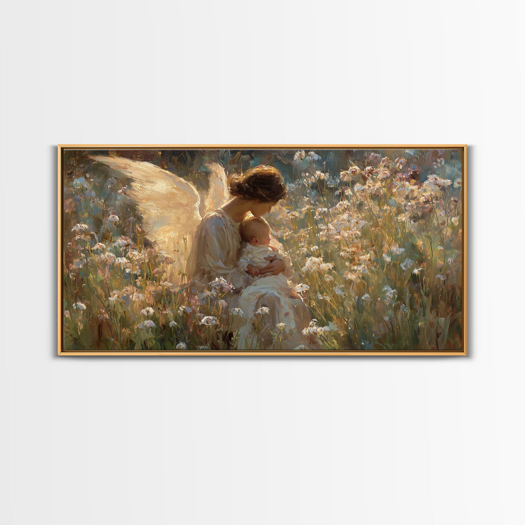 Sunlit Angel Cradling Baby Wall Art, Wildflower Meadow Painting, Christian Nursery Decor, Spiritual Gift For Mom, Canvas Art