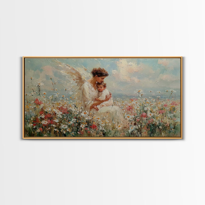 Angel And Baby In Flower Field Framed Canvas Print, Dreamy Christian Wall Art, Wildflower Nursery Decor, Gift For Her, Fine Art