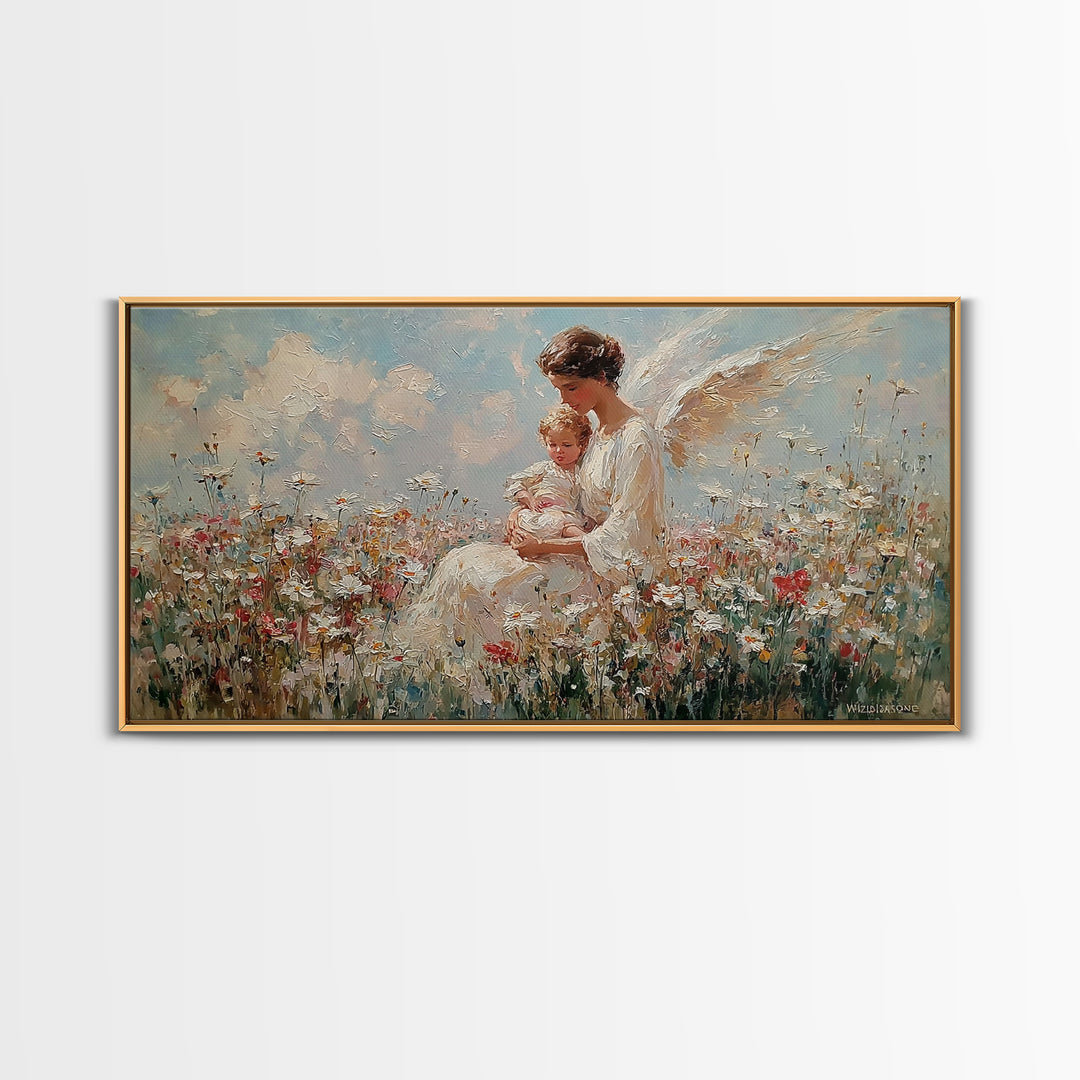 Guardian Angel With Baby Canvas Print, White Wildflower Meadow Painting, Christian Nursery Wall Art, Spiritual Gift For Mom