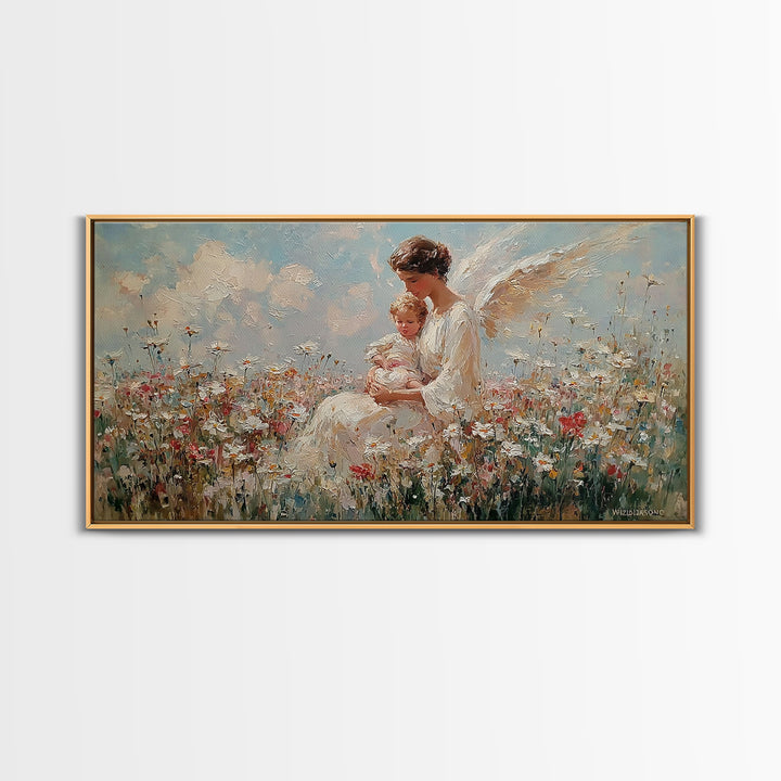 Guardian Angel With Baby Canvas Print, White Wildflower Meadow Painting, Christian Nursery Wall Art, Spiritual Gift For Mom