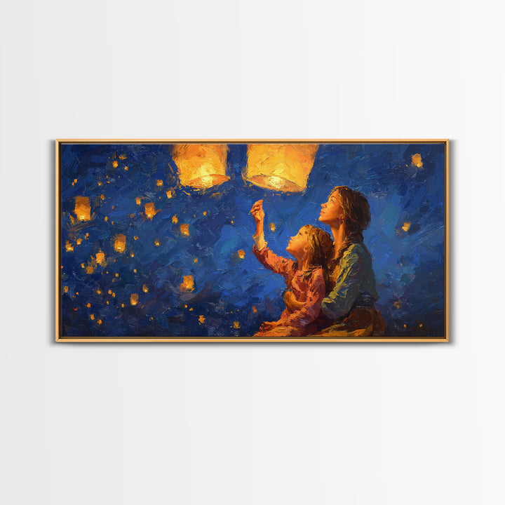 Mother And Child Lantern Festival Canvas Print, Blue Night Sky Painting, Whimsical Wall Art, Family Gift, Cozy Home Decor