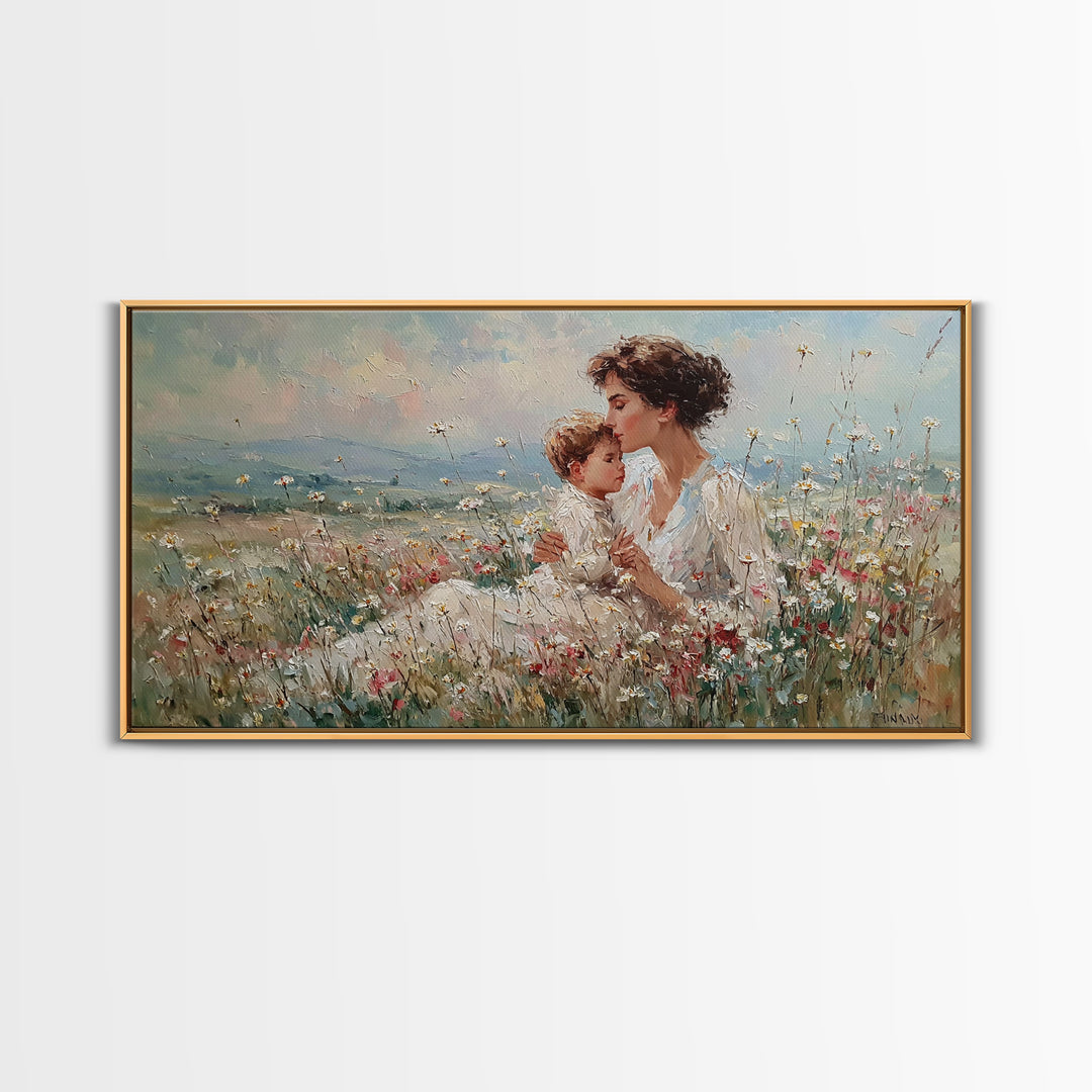 Seated Mother And Child In Soft Wildflower Field Canvas Print, Impressionist Floral Wall Art, Gift For Mom, Living Room Decor