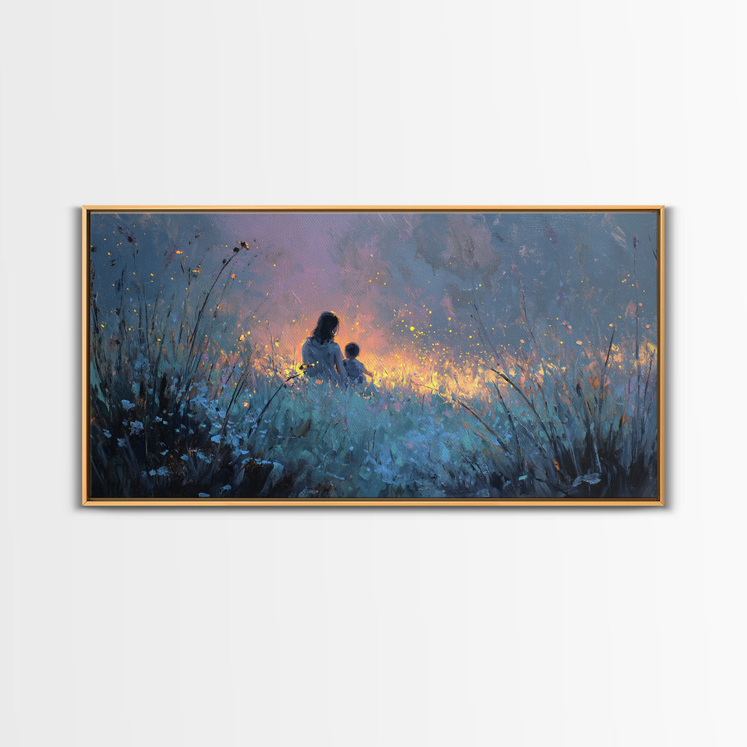 Silhouetted Mother And Child In Glowing Blue Meadow Canvas Print, Moody Wall Art, Celestial Nursery Decor Gift For Mom, Home Decor