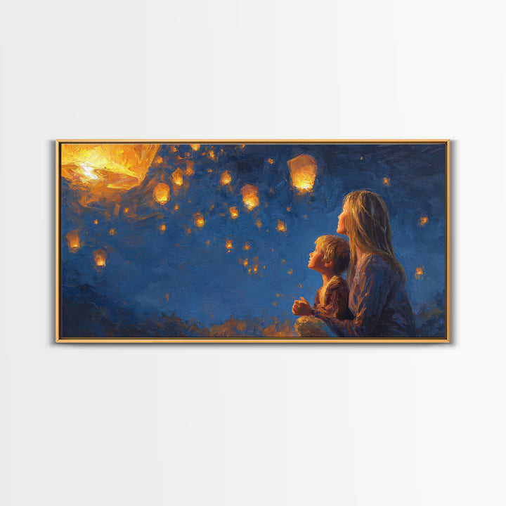 Mother And Child Lantern Night Wall Art, Angelic Family Canvas Print, Celestial Nursery Decor, Gift For Mom, Housewarming Gift