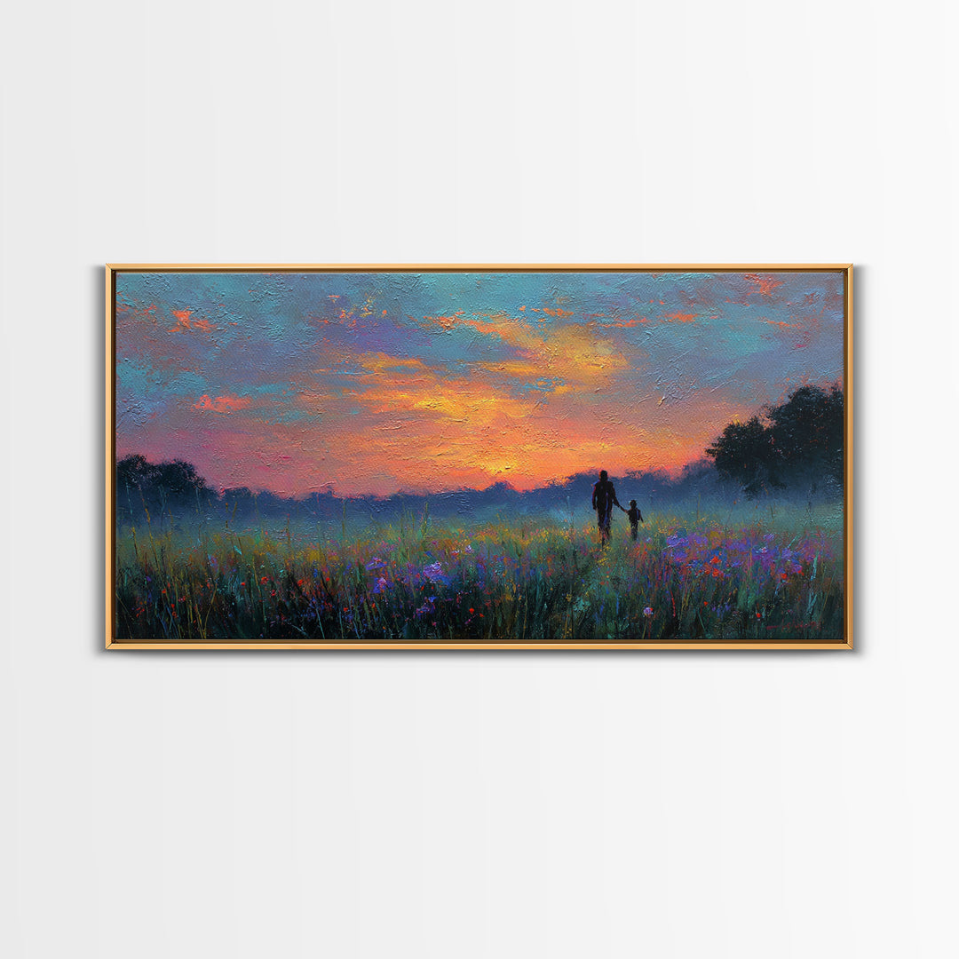 Sunset Meadow Silhouette Framed Canvas Print, Colorful Landscape Wall Art, Mother Child Decor, Living Room Art, Housewarming Gift
