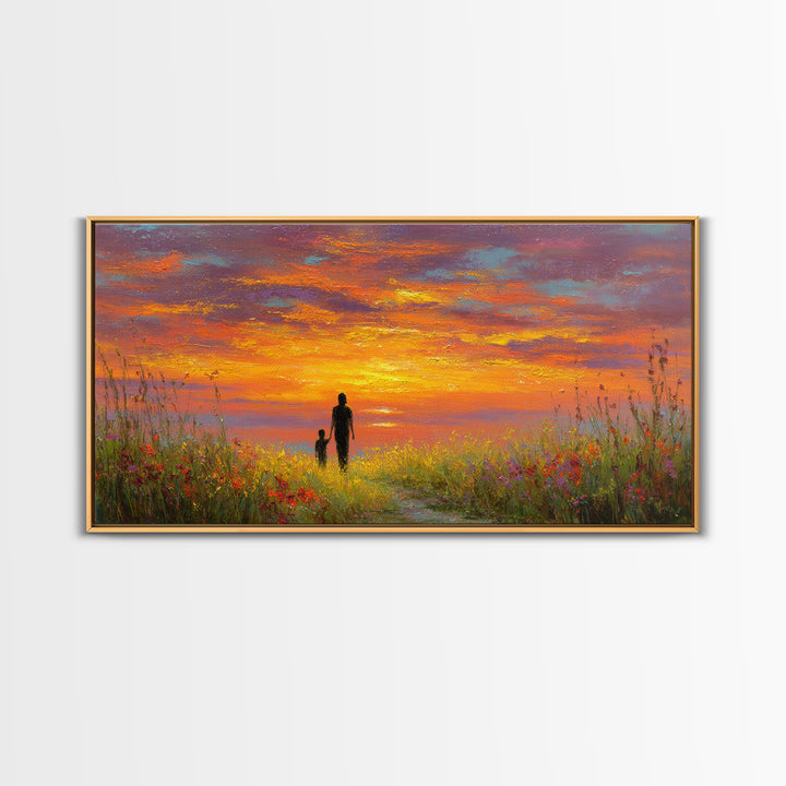 Parent And Child Sunset Path Canvas Print, Colorful Landscape Wall Art, Family Gift, Living Room Decor, Housewarming Gift