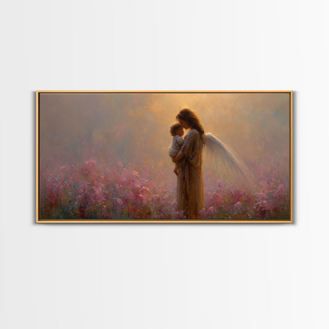 Angel Mother And Child Pink Garden Canvas Print, Ethereal Christian Wall Art, Spiritual Nursery Decor, Gift For Mom, Gift For Her