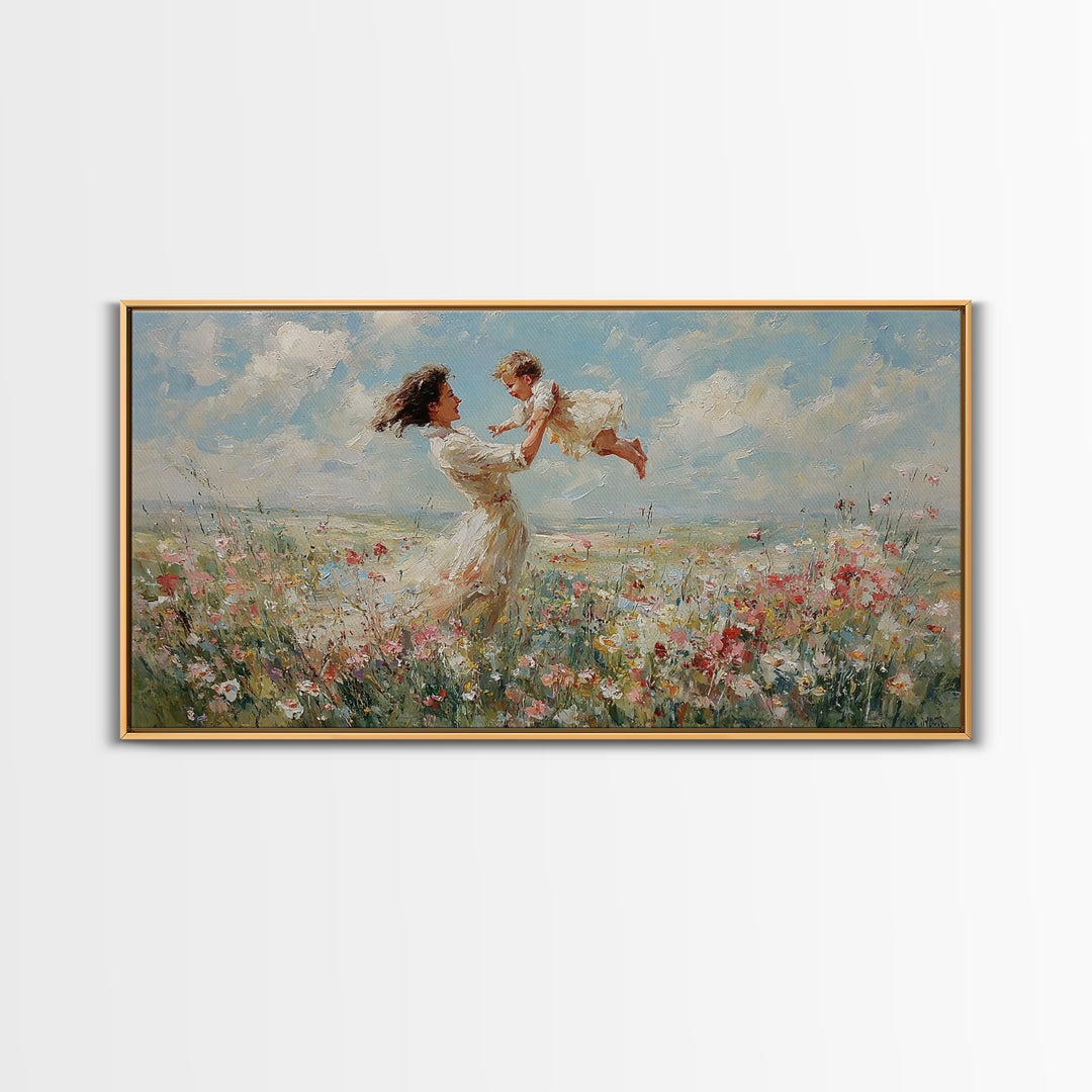 Mother Lifting Baby In Breezy Flower Field Canvas Print, Impressionist Wall Art For Nursery, Bedroom Decor, And Gift For Her