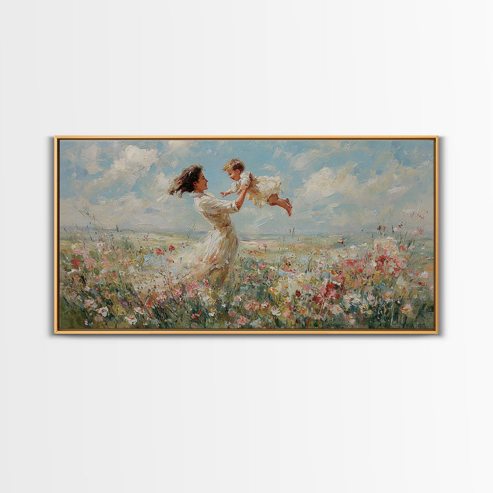 Mother Lifting Baby In Breezy Flower Field Canvas Print, Impressionist Wall Art For Nursery, Bedroom Decor, And Gift For Her