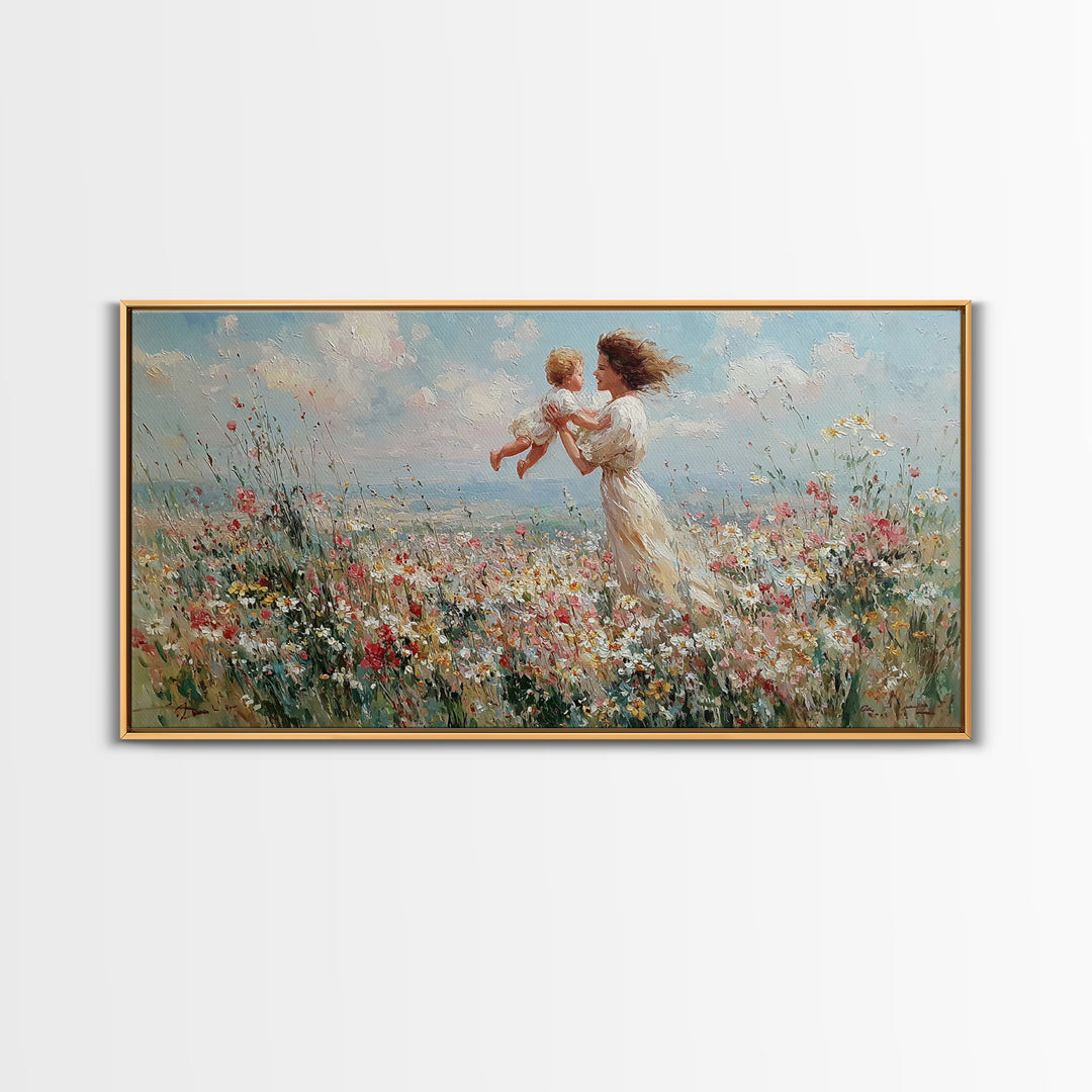 Mother Holding Baby In Seaside Wildflower Meadow Wall Art, Coastal Canvas Print For Nursery Decor And Mothers Day Gift For Her
