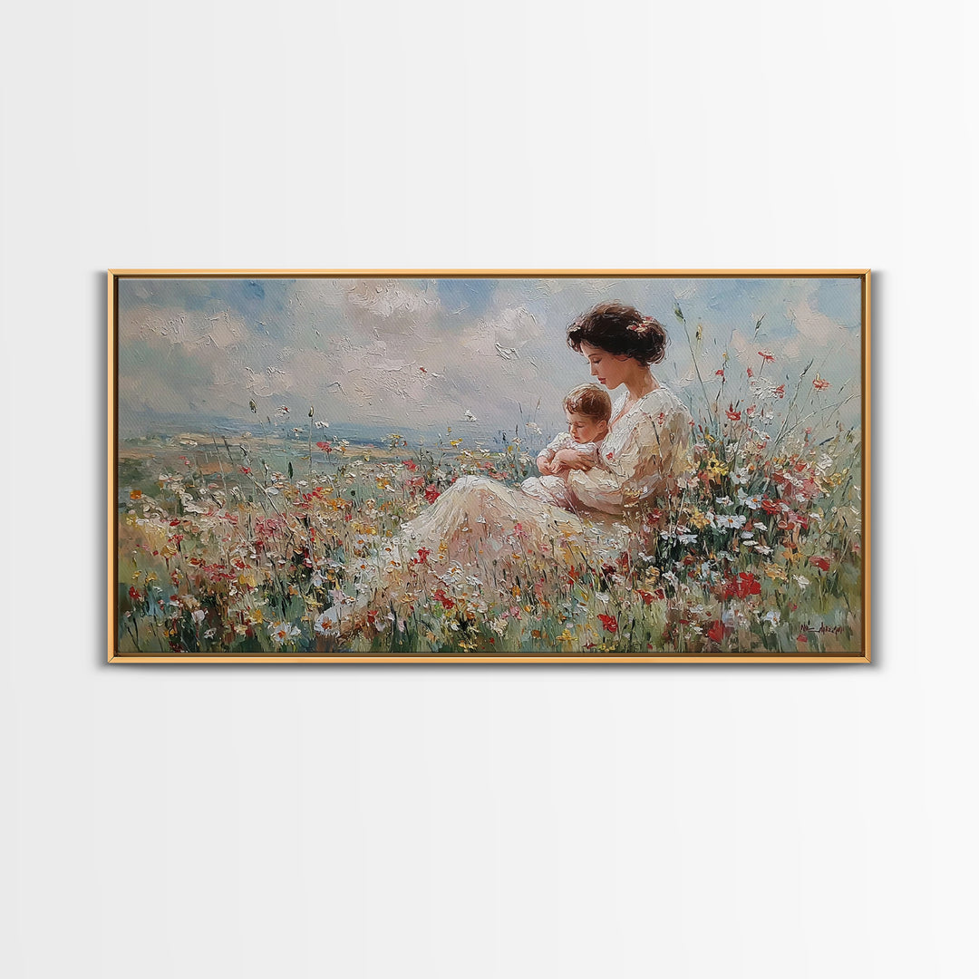 Seated Mother Nursing Baby In Meadow Wildflowers Framed Canvas Print, Impressionist Wall Art For Nursery And Bedroom Decor