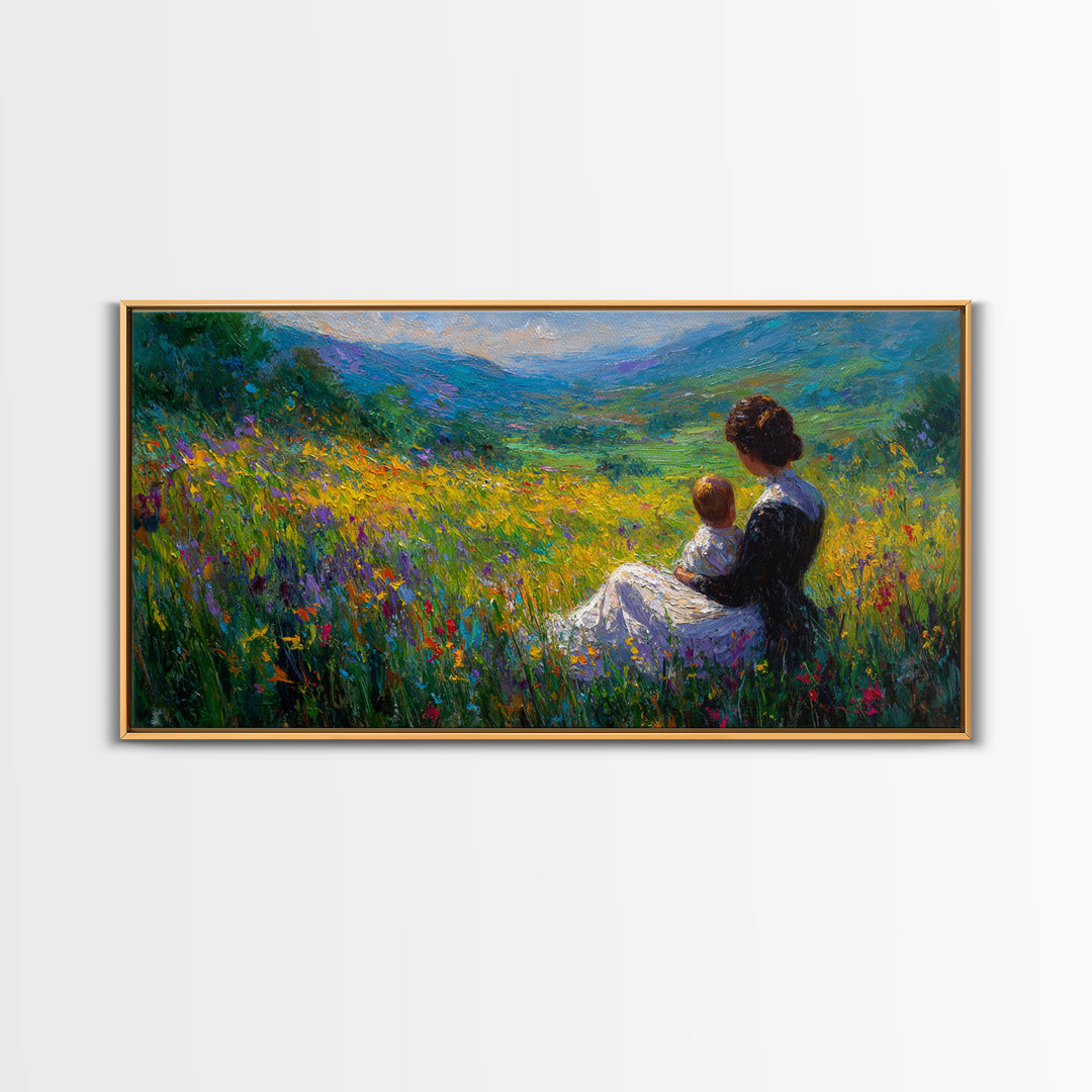Mother And Child In Wildflower Mountain Meadow Wall Art, Impressionist Landscape, Nursery Decor, Gift For Mom, Living Room Decor