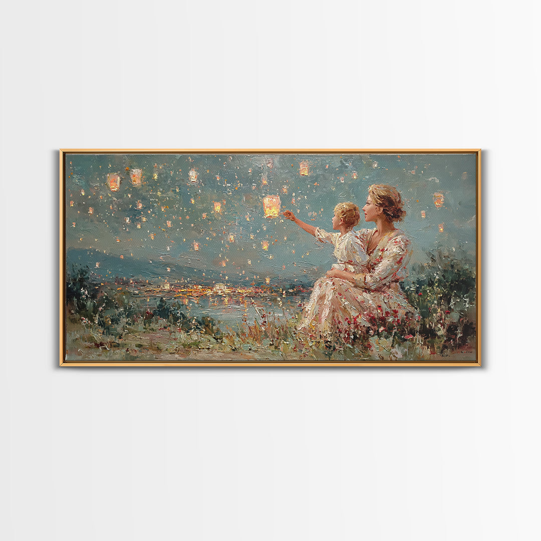 Mother And Child Sky Lanterns Over Lake Wall Art, Dreamy Night Landscape, Romantic Decor, Gift For Mom, Bedroom Wall Art