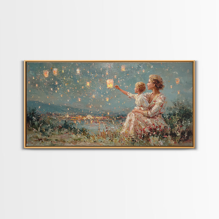 Mother And Child Sky Lanterns Over Lake Wall Art, Dreamy Night Landscape, Romantic Decor, Gift For Mom, Bedroom Wall Art