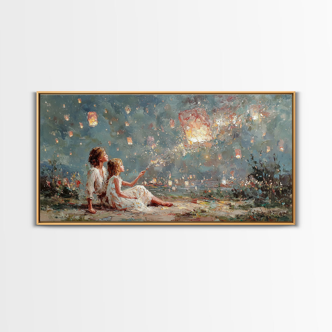 Children Launching Glowing Sky Lanterns Canvas Print, Magical Lake Wall Art, Whimsical Decor, Nursery Art, Gift For Her, Bedroom Decor
