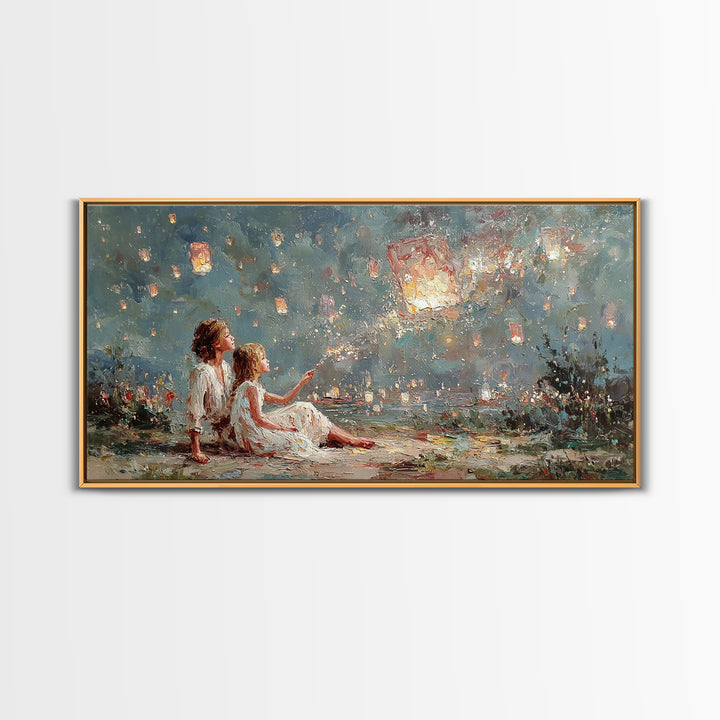 Children Launching Glowing Sky Lanterns Canvas Print, Magical Lake Wall Art, Whimsical Decor, Nursery Art, Gift For Her, Bedroom Decor